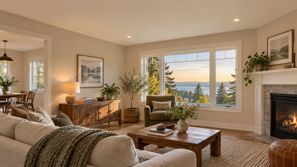 A living-room ceiling with an even finish above the seating area.